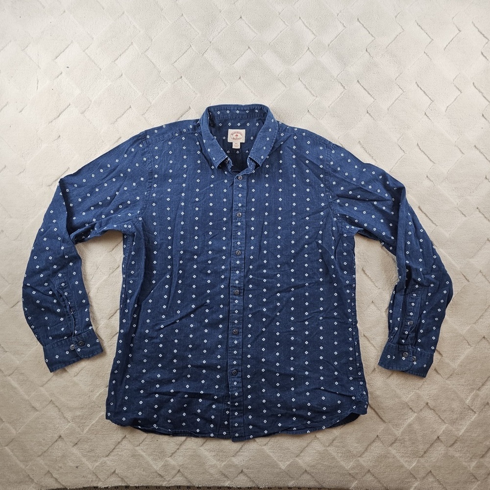 Brooks Brothers Button Up Shirt Mens 2XL Blue Geometric Print Linen Blend
